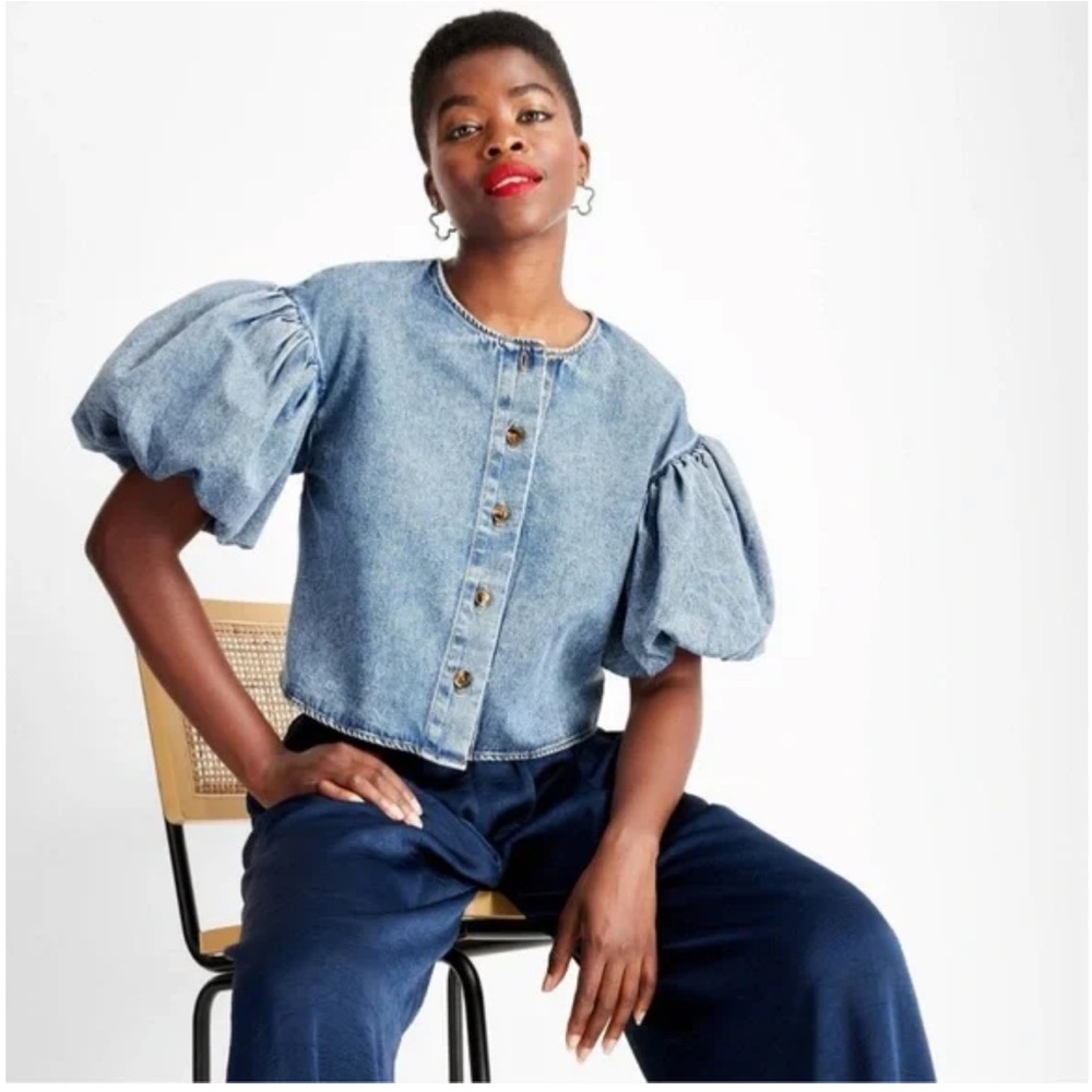 Future Collective Denim Puff Sleeve Button-Up Top